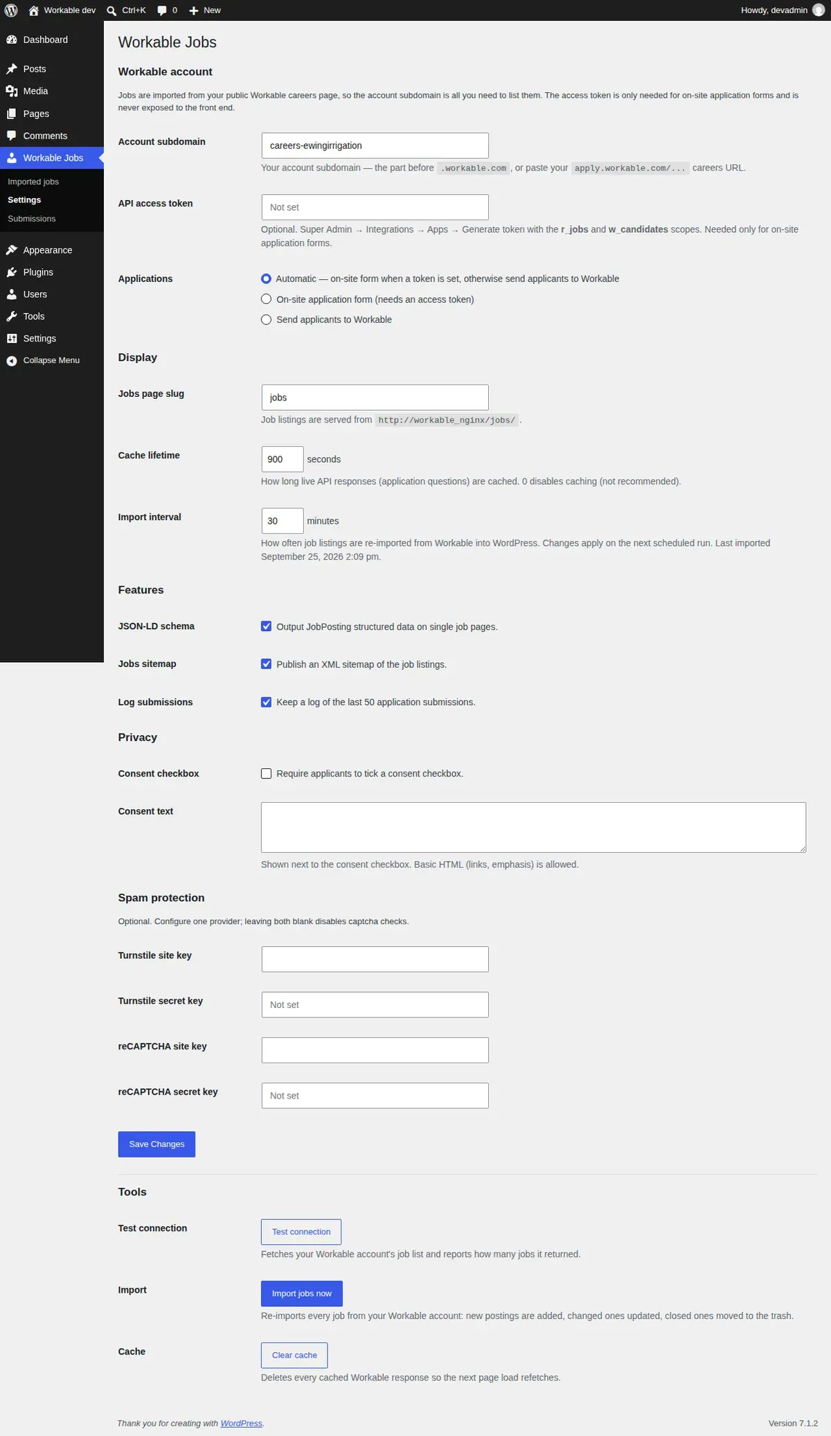 Workable Jobs settings screen in wp-admin with the subdomain, sync and application fields