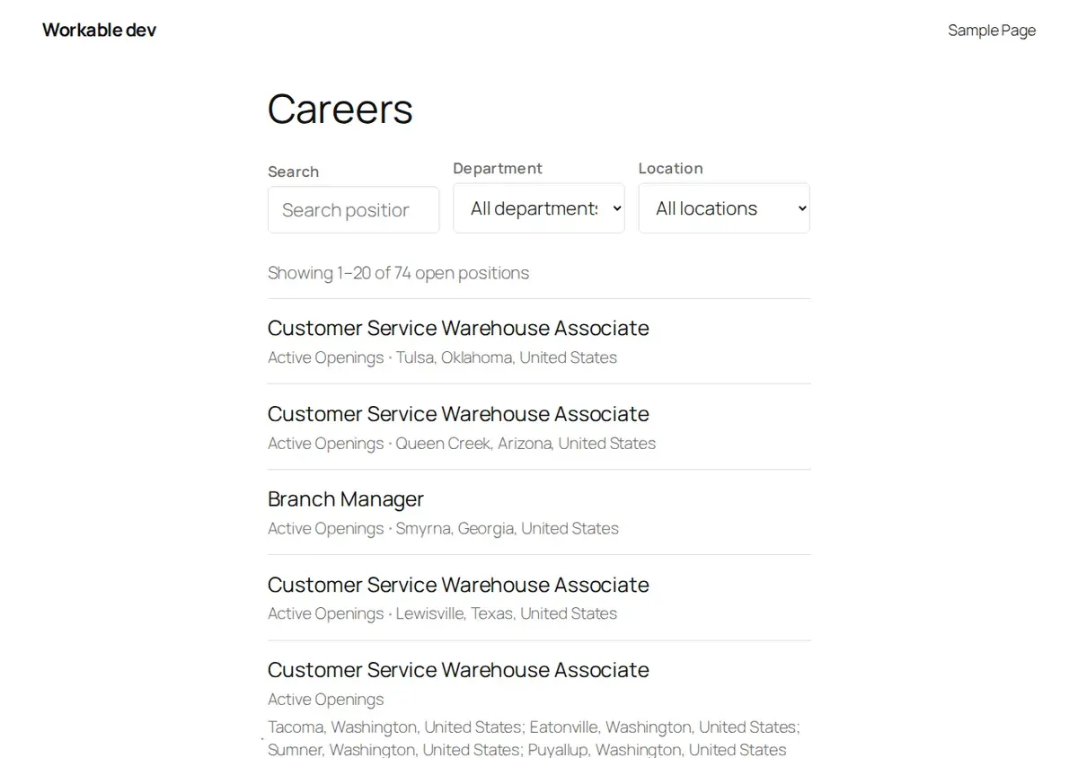 Job list with department and location filters, rendered by Workable Jobs for WordPress
